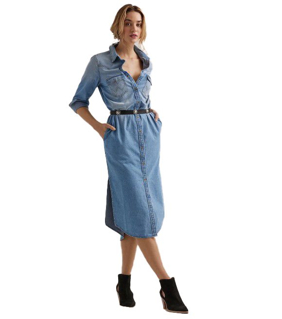 Fit: SlimLength: MidiSleeve Length: LongFront Closure: SnapsFront Pockets: TwoSide Pockets: TwoCollar: SpreadCuff: Two snap closure Retro Jeans, Denim Midi Dress, Dresses Xxl, A Dream Come True, Dream Come True, Western Style, Western Wear, Fit Flare Dress, Xl Dress