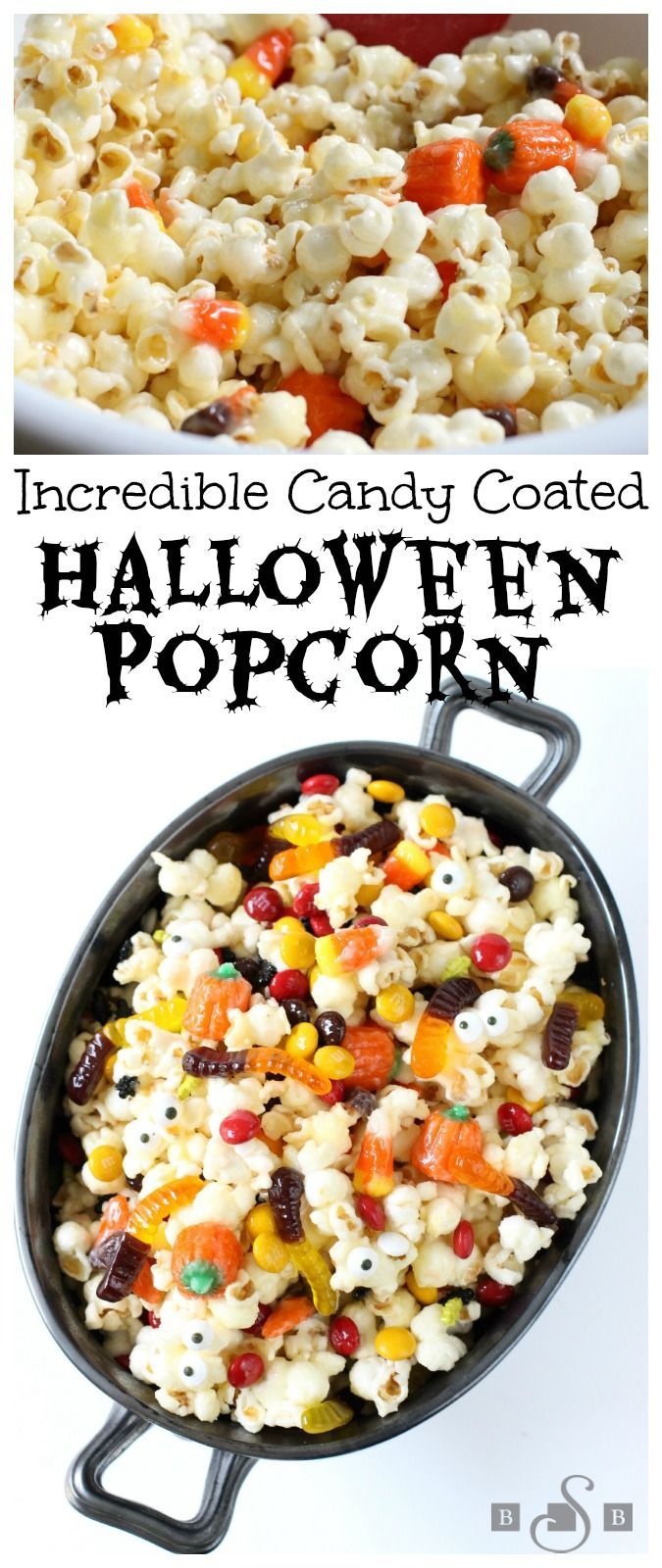 an image of halloween popcorn in a pan with the words incredible candy coated halloween popcorn