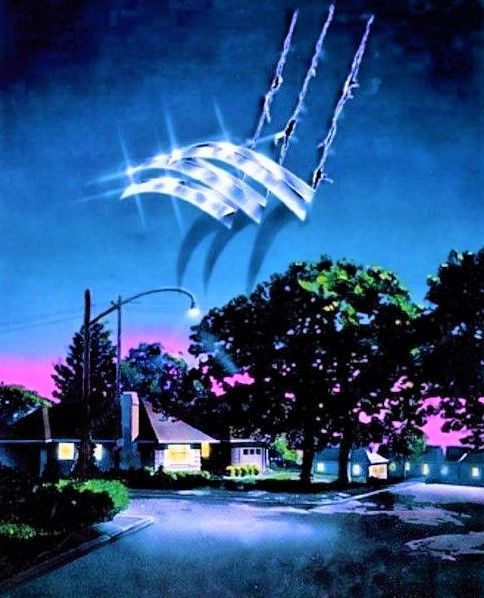 an image of a street at night with lights in the sky and trees on either side