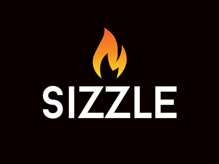 the sizzle logo is shown in white and orange on a black background with an orange flame