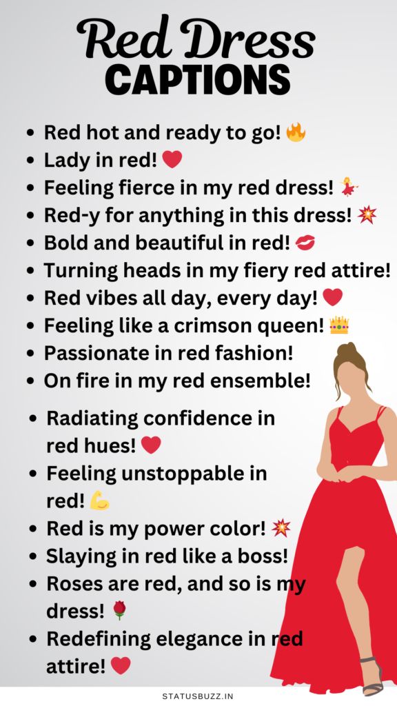 a woman in a red dress with the words red dress captions written below it