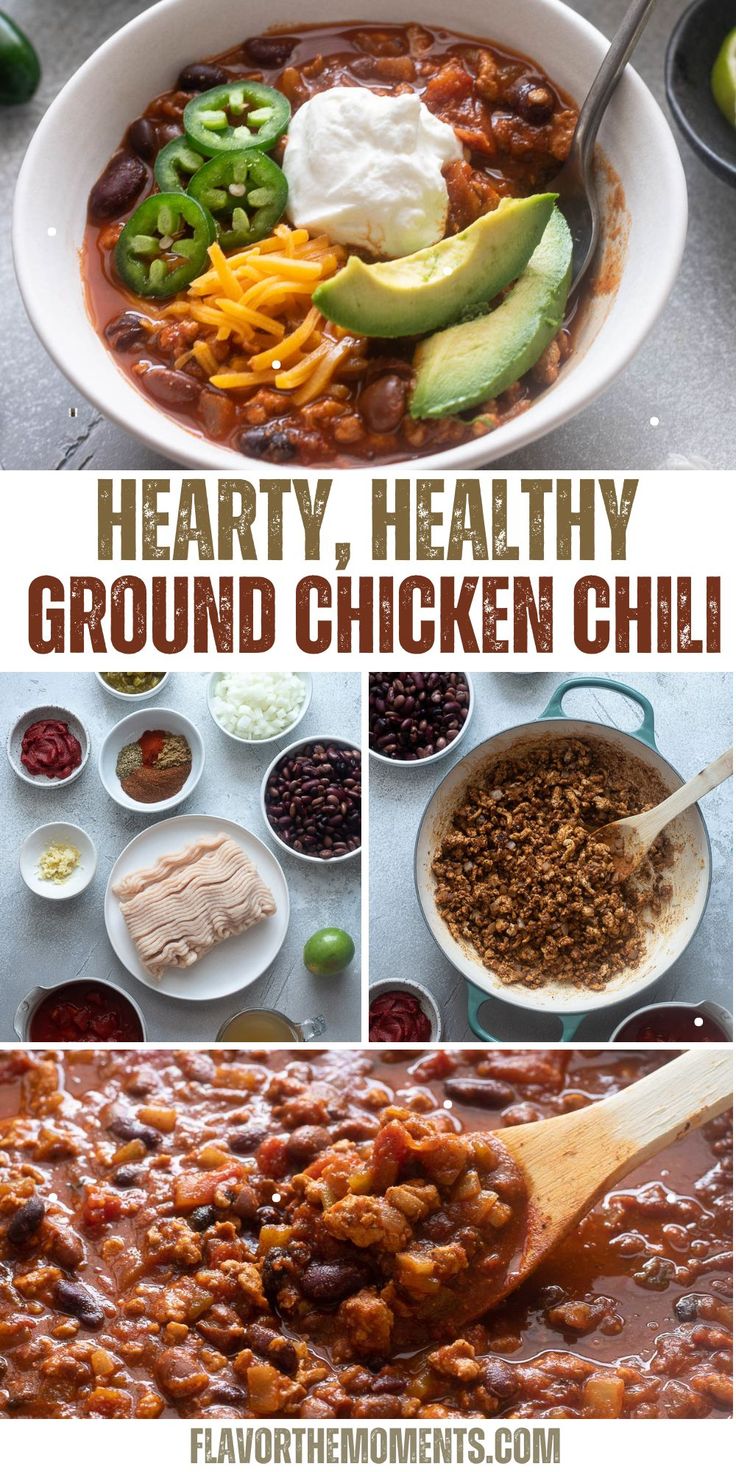 hearty, healthy ground chicken chili with avocado and sour cream in it