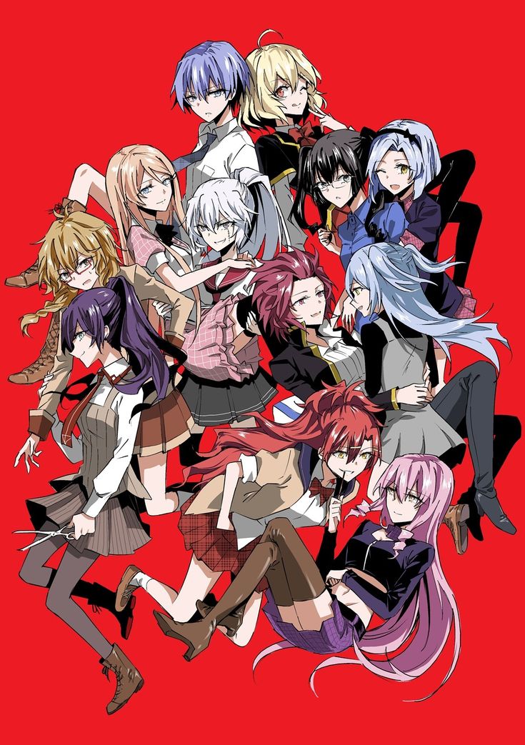 an anime poster with many different colored hair colors and characters in the same group, all posing together