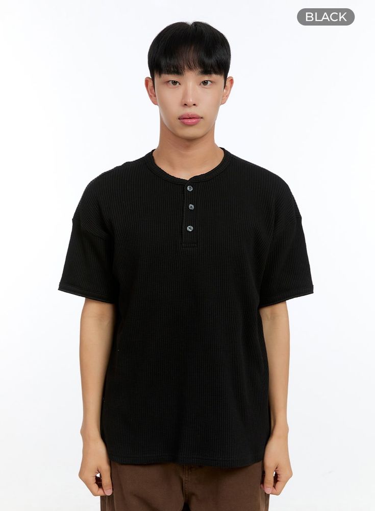 mens-buttoned-ribbed-cotton-top-ig416 / Black Black Relaxed Fit Ribbed T-shirt, Black Ribbed Relaxed Fit T-shirt, Black Ribbed T-shirt Relaxed Fit, Ribbed Crew Neck T-shirt For Streetwear, Ribbed Cotton Tops For Streetwear, Classic Black T-shirt With Ribbed Collar, Black Ribbed Short Sleeve T-shirt, Black Ribbed Relaxed Fit Top, Casual Ribbed Tops For Streetwear