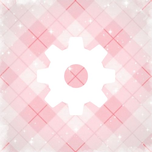 a pink and white checkered background with a cogwheel