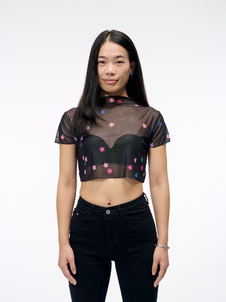 The Star Confetti Crop Top | Sheer Mesh Shirt in Black with Pink and P Cute Confetti, Purple Stars, Sheer Crop Top, Star Confetti, Extra Terrestrial, Future Style, Mesh Shirt, Razzle Dazzle, Taffy