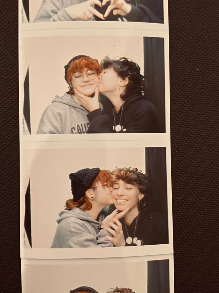 three pictures of two people kissing each other