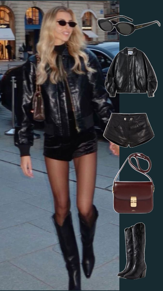 Leather micro shorts outfit. Black leather jacket outfit. Black cowgirl boots outfit. Cool girl outfit. Cowgirl Boots Outfit Fall, Micro Shorts Outfit, Outfit Black Leather Jacket, Black Cowgirl Boots Outfit, Short Jacket Outfit, Winter Shorts Outfits, Cool Girl Outfit, Leather Shorts Outfit, Black Leather Jacket Outfit