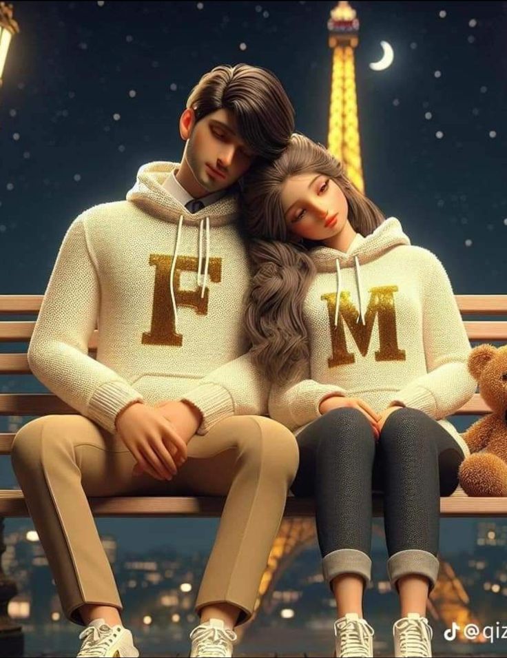 two people sitting on a bench in front of the eiffel tower with their arms around each other