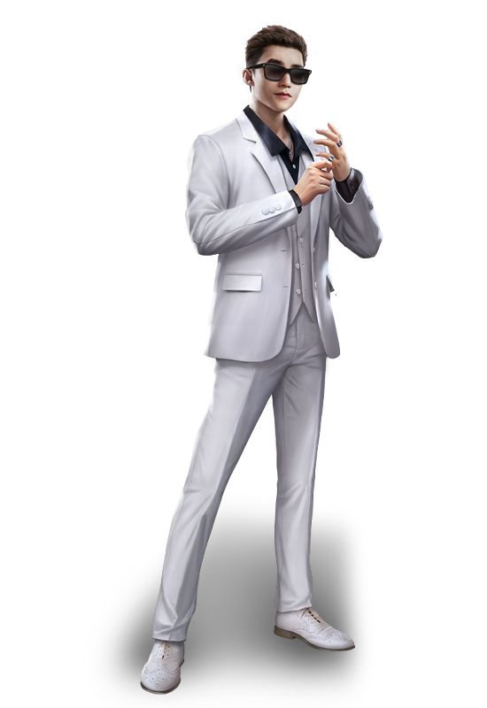 a man in a white suit and sunglasses posing for the camera with his hand on his hip