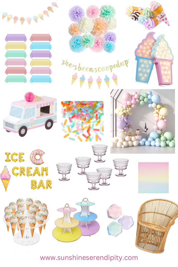 an assortment of ice cream treats and decorations