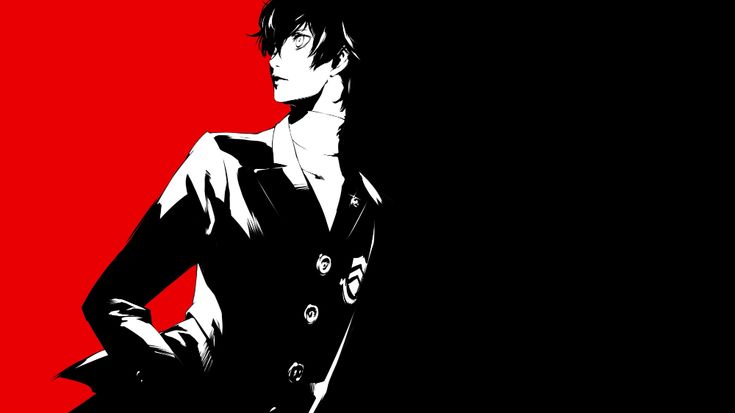 an anime character in black and white standing against a red background