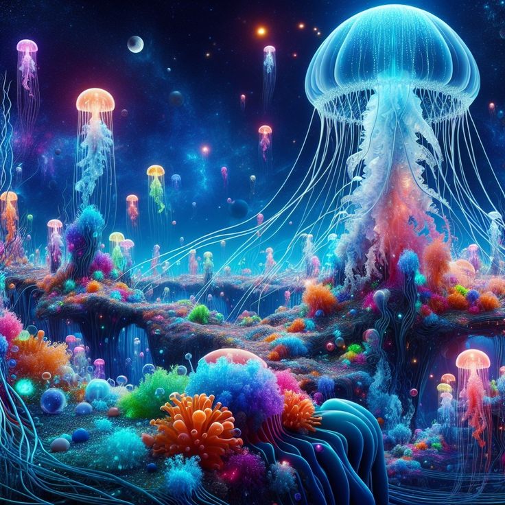 an underwater scene with jellyfishs and other colorful creatures in the water at night