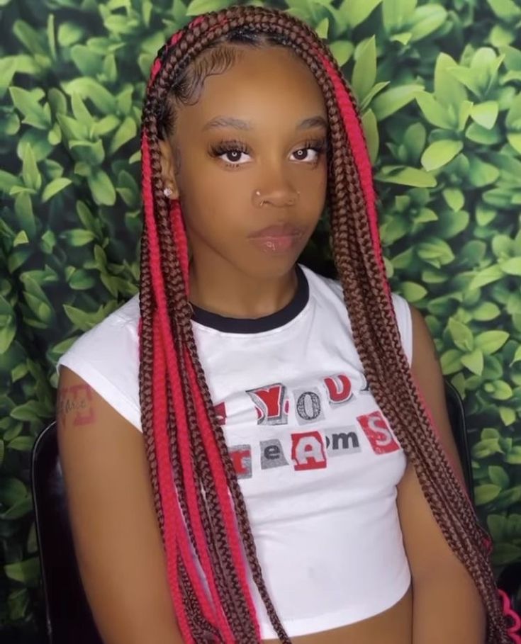 Red And Black Knotless Braids With Beads, Peekaboo Braids, Brown And Pink Hair, Red Braids, Red Box Braids, Baddie Hair, Sleek Braid, Birthday Man, Peekaboo Hair