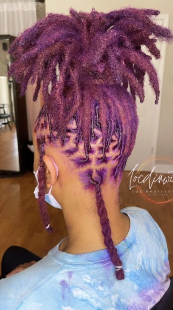 Dark Purple Locs Black Women, Rainbow Locs Black Women, Purple Locs Black Women, Lavender Locs, Purple Locs, Loc Color Ideas Black Women, Purple Dreads, Short Dreadlocks Styles, Natural Dreads