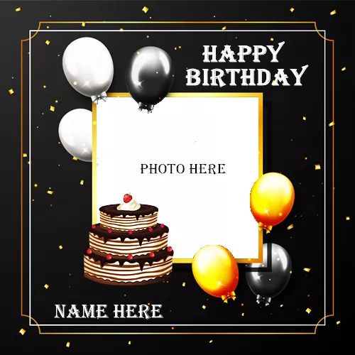 a happy birthday photo frame with balloons and a cake on the table next to it