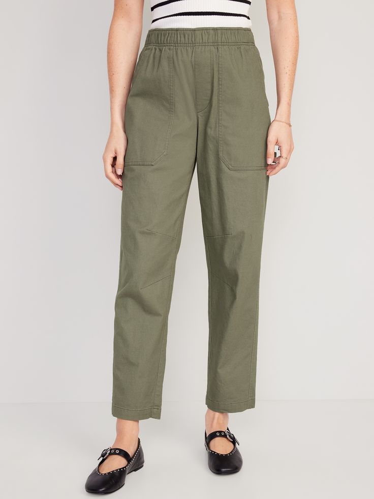 elastic waist faux fly front utility pockets back patch pockets hammer loop #745290 sits at belly button relaxed hip and thigh tapers at ankle regular inseam: 28" petite inseam: 26" tall inseam: 32" models wear sizes S (size 4), L (size 12), and XL (size 18) Everyday Mid-rise Bottoms With Elastic Waistband, Mid-rise Cargo Pants With Patch Pockets, Everyday Mid-rise Cargo Pants With Patch Pockets, Mid-rise Cargo Pants With Patch Pockets For Everyday, Workwear Bottoms With Pull-on Style And Cropped Leg, Everyday Bottoms With Welt Pockets And Cropped Leg, Everyday Tapered Straight Leg Bottoms, Spring Utility Pants With Elastic Waistband, Solid Color Everyday Pull-on Bottoms