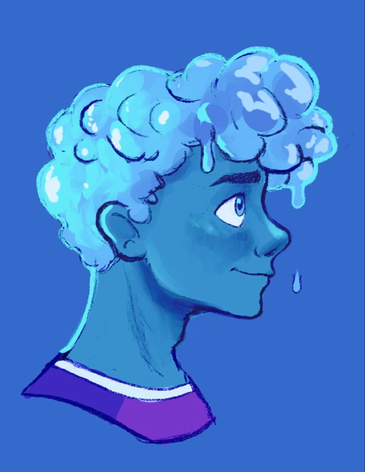 a drawing of a blue man with curly hair and an undercut on his head