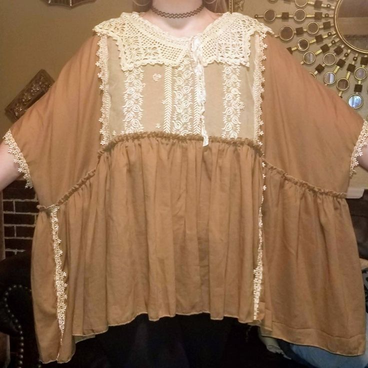 I Bought This From A Lady At An Art Show. She Makes These With Fine Fabrics And Vintage Lace. It Is Beautiful. Very Comfortable And Lite Weight. Beige Summer Peasant Top For Daywear, Beige Peasant Top For Summer Daywear, Summer Beige Peasant Top For Daywear, Cream Bohemian Blouse With Short Sleeves, Bohemian Cream Blouse With Short Sleeves, Cream Bohemian Peasant Top For Fall, Bohemian Cotton Blouse With Lace Patchwork, Beige Blouse With Lace Patchwork For Spring, Peasant Style Beige Blouse For Daywear