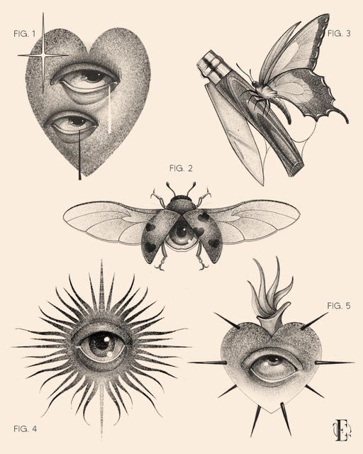 four different types of insects with their eyes open and one eye in the shape of a heart