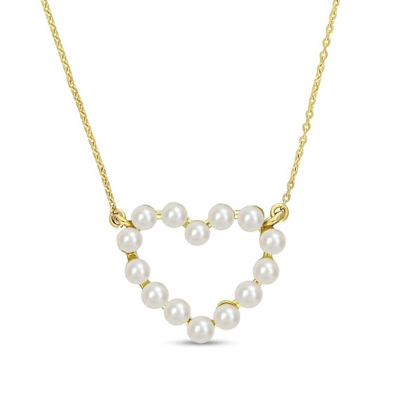 Bring romantic detail to all your favorite looks when you wear this charming freshwater cultured pearl outline heart necklace in 14K gold. Crafted in 14K gold Lustrous freshwater cultured pearls line this classic open heart design. The style suspends centered along a cable chain that secures with a spring-ring clasp. 17.0-inch total length. Gold Elegant Heart Necklace With Pearl Chain, Elegant Heart-shaped Pearl Chain Necklace, Elegant Heart-shaped Pearl Drop Necklace, Elegant Open Heart Necklace With Heart Beads, Elegant Heart-shaped Pearl Necklace, Anniversary Heart Pendant Pearl Necklace, Elegant Pearl Heart Necklace With Heart Beads, Heart-shaped Pearl Necklace For Anniversary, Elegant Gold Heart Necklace With Pearl Drop