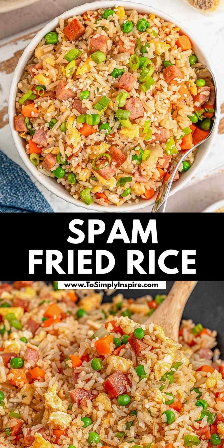 spam fried rice in a skillet with peas and carrots