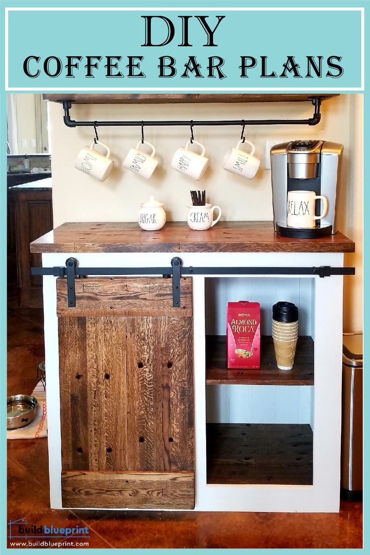 DIY coffee bar beverage bar plans Coffee Bar Table Diy, Diy Coffee Cabinet Ideas, Diy Floating Coffee Bar, Diy Wood Coffee Bar, Coffee Bar Plans Diy, Simple Diy Coffee Bar, Coffee Bar Diy Farmhouse Style, Building A Coffee Bar, Coffee Bar Building Plans