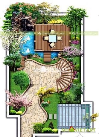 an aerial view of a garden with stairs and steps leading to the water source in the center