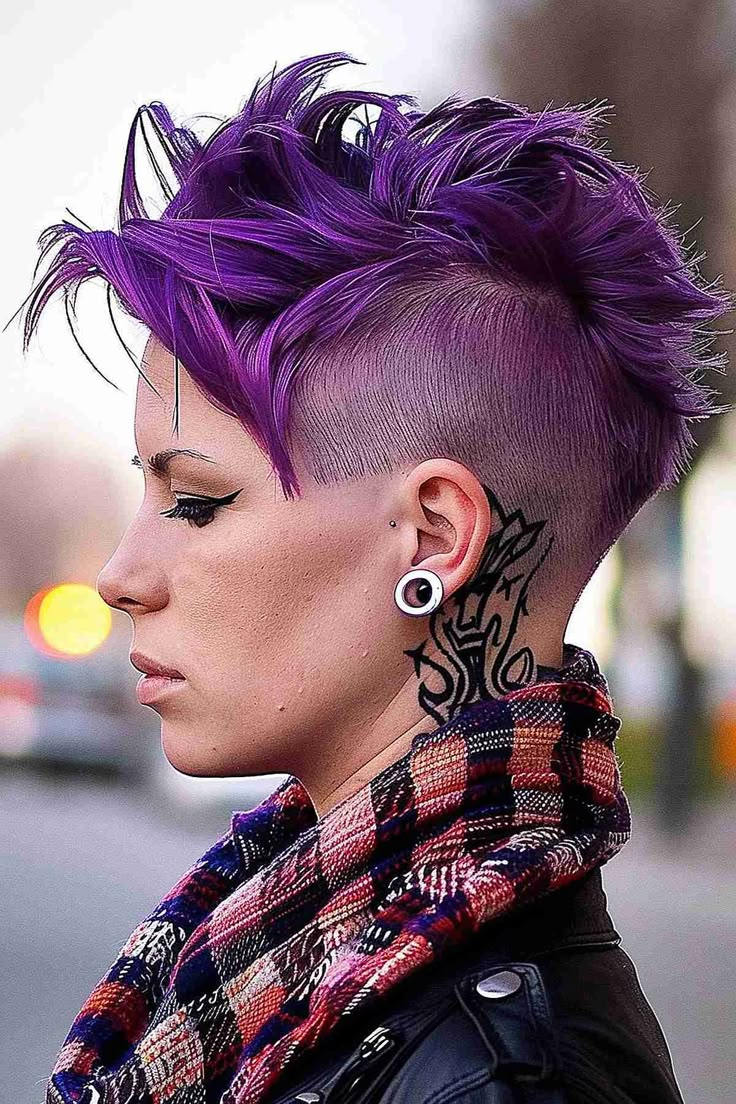 Punk Pixie Haircut, Dyed Pixie Cut, Punk Haircuts, Punk Pixie Cut, Purple Pixie Cut, Punk Haircut, Pixie Hair Color, Punk Rock Hair, Punk Hairstyles