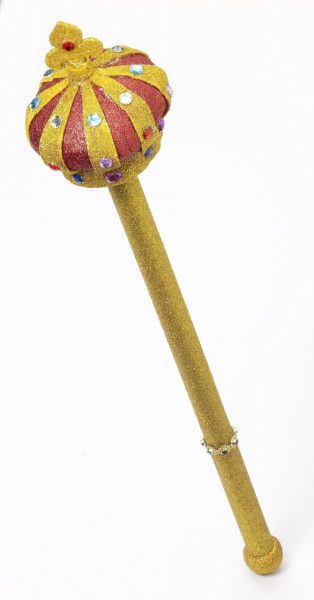 a red and yellow pole with a ball on it's end, in front of a white background