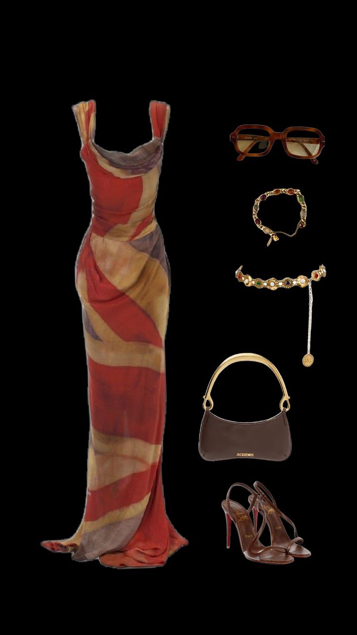 a dress and accessories are laid out on a black surface, including shoes, bracelets, sunglasses, and necklaces