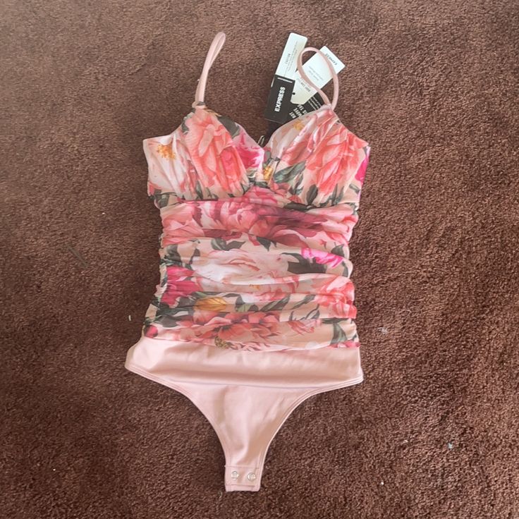 Nwt Express Spaghetti Strap Bodysuit Size Xs Pink Spring Tankini With Built-in Bra, Pink Underwire Tankini For Summer, Pink Fitted Tankini For Spring, Pink Sleeveless Tankini For Spring, Feminine Pink Swimwear With Built-in Bra, Pink Stretch Swimwear With Spaghetti Straps, Pink Spaghetti Strap Stretch Swimwear, Pink Stretch Spaghetti Straps Swimwear, Pink Spaghetti Straps Swimwear