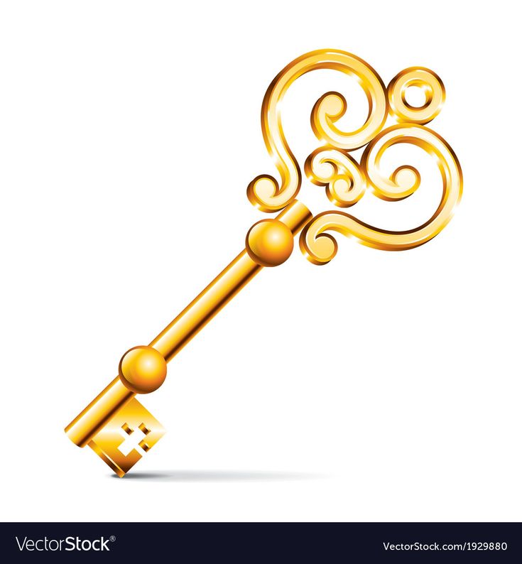 a golden key with an ornate design on the front and back side, isolated against a white