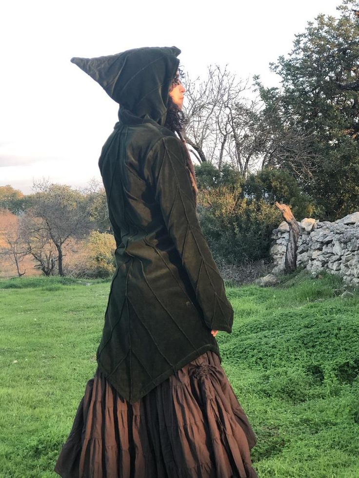 Long Pixie Hood Jacket with Fleece Lining Warm Winter Coat | Etsy Witchy Long Sleeve Outerwear For Fall, Hooded Costume Outerwear For Fall, Green Fall Costume Outerwear, Fantasy Hooded Outerwear For Fall, Fitted Fantasy Outerwear For Winter, Fantasy Style Fitted Fall Outerwear, Green Fall Outerwear For Cosplay, Fitted Fantasy Style Outerwear For Fall, Witchy Long Sleeve Outerwear For Costume