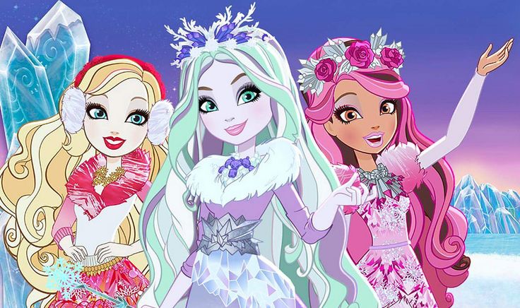 the three princesses are all dressed up in their winter clothes and tiaras, with snowflakes on them