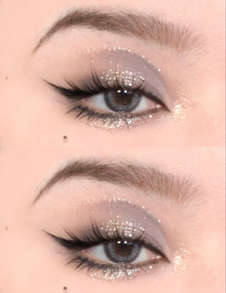 Txt Glitter Makeup, Makeup Looks With Silver, Vegas Eye Makeup, Sliver Eyeshadow Looks Simple, Simple Silver Eye Makeup, Silver Makeup Looks, Winter Make Up, Makeup Silver, Silver Eye Makeup