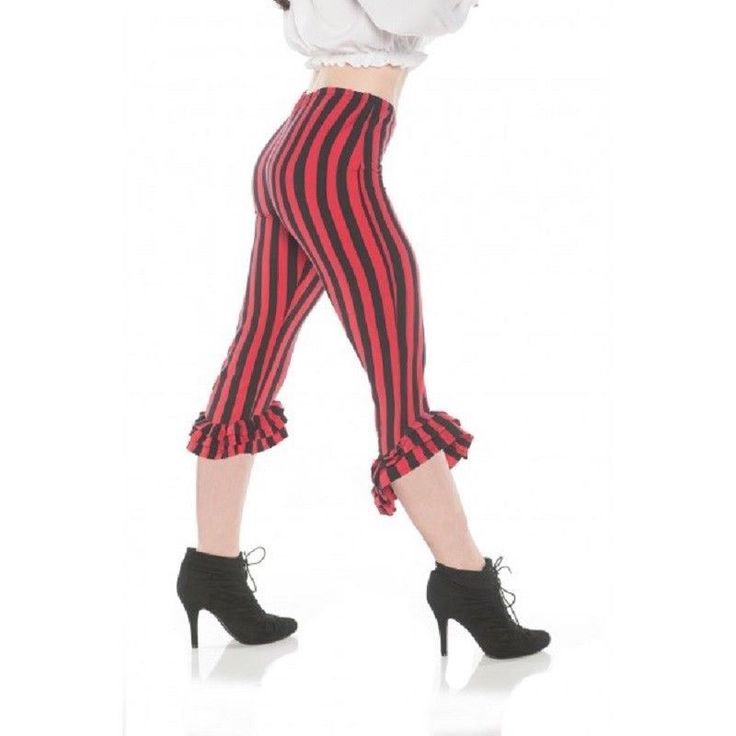 These black and red striped short leggings with ruffle design are the perfect add on to your Steampunk, Freak Show, Circus, Pirate, Halloween, cosplay, theatrical production or other costume. Available in 3 Adult Sizes - XS (0-2) - approx 22" waist - 33-35" hip. Medium (8-10) - approx 27-28" waist - 38-39" hip. XL (16-18) - approx 33" waist - 44-45" hip. Costumes tend to run smaller than regular clothing sizes. Please purchase accordingly. Other pirate and steampunk costumes and accessories are Circus Clothes, Circus Fashion, Costume Pants, Circus Outfits, Suspender Shorts, Designer Leggings, Ruffle Leggings, Womens Capri Pants, Ruffle Design