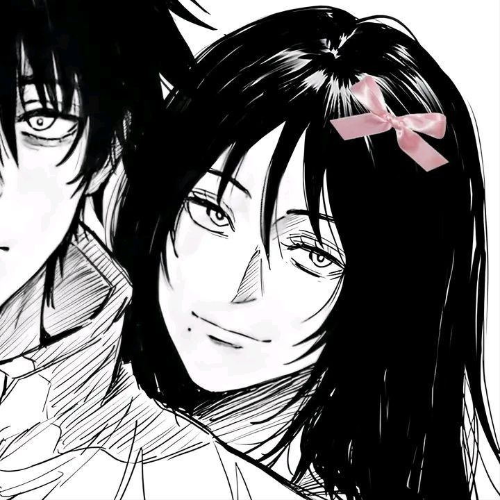 two anime characters with long black hair and pink bows on their heads, one is staring at the camera