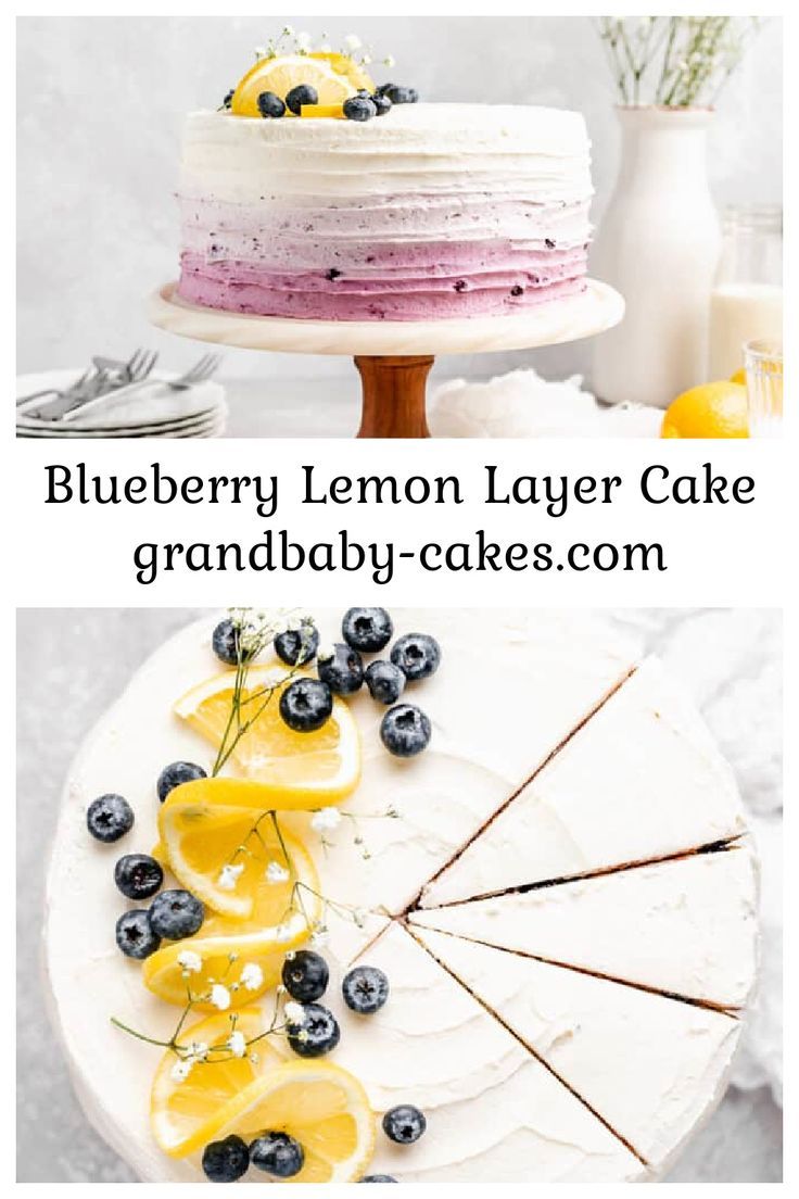 the blueberry lemon layer cake is ready to be cut into slices and served on a plate