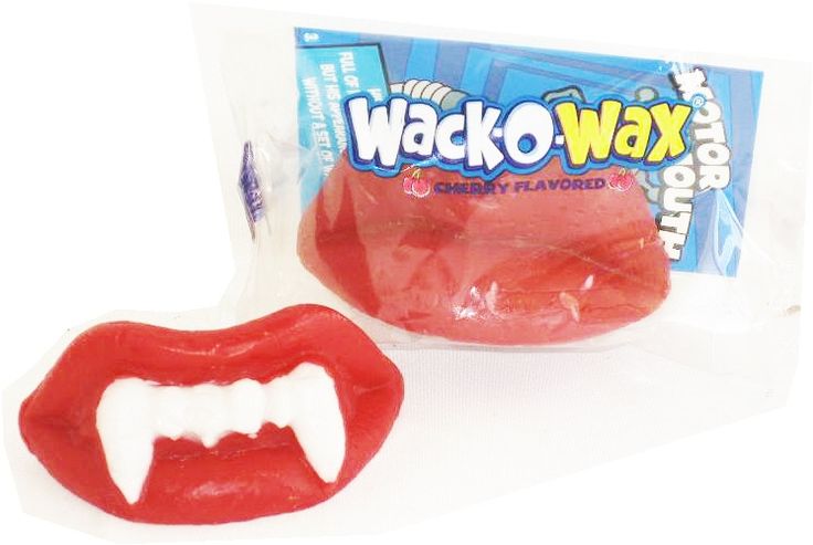 a gummy bag with a red mouth and white teeth on it's side