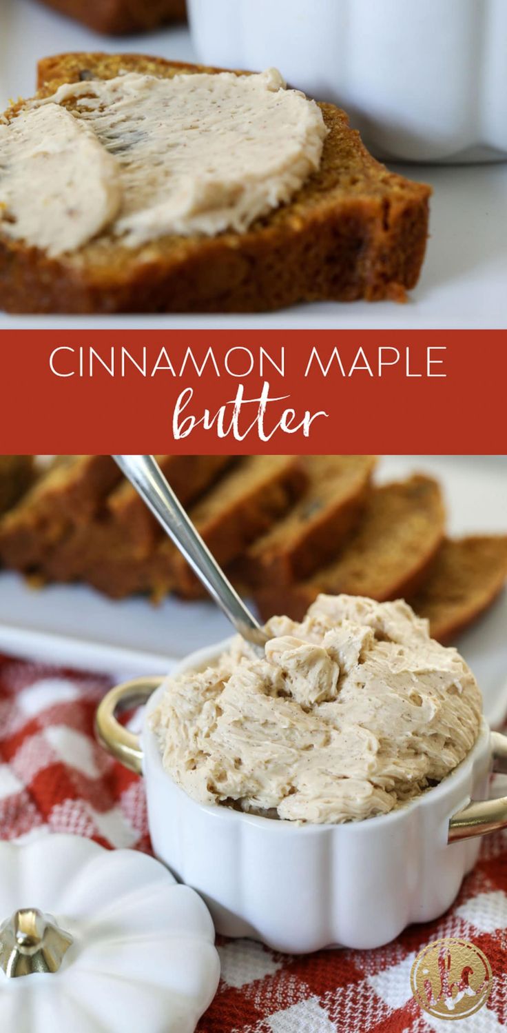 cinnamon maple butter in a white bowl on a red and white checkered tablecloth