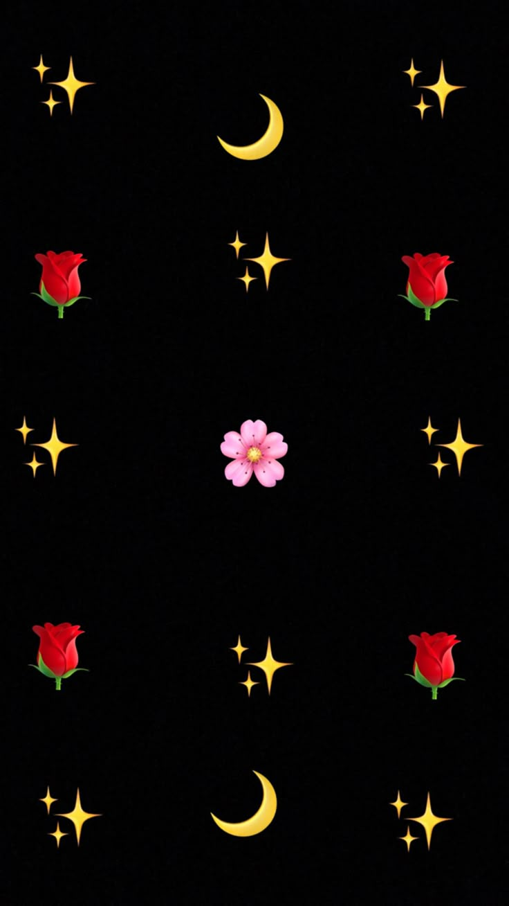 red roses and stars on a black background with the moon in the sky above them