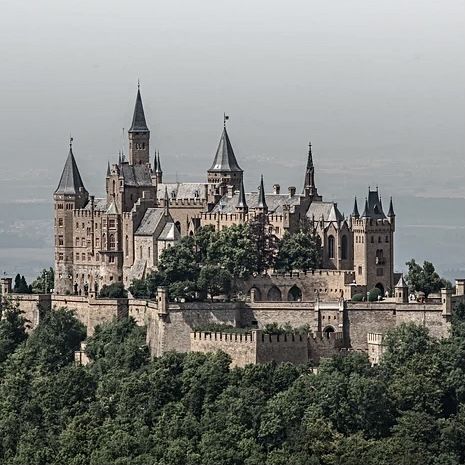 an old castle sits on top of a hill surrounded by trees and mountains in the distance