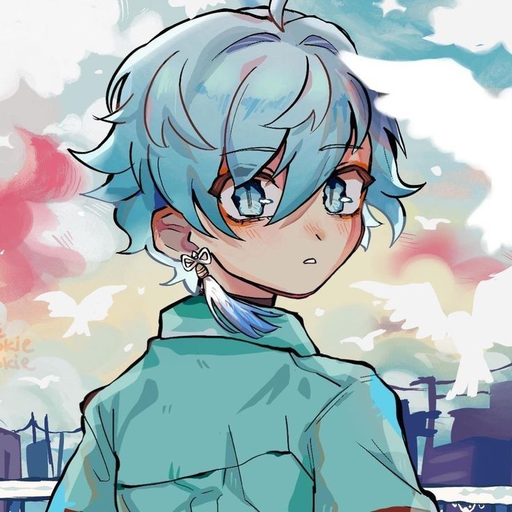 an anime character with blue hair and piercings standing in front of a cityscape