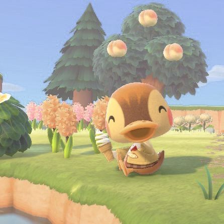 an animal crossing game character sitting in the grass with flowers and trees behind him,