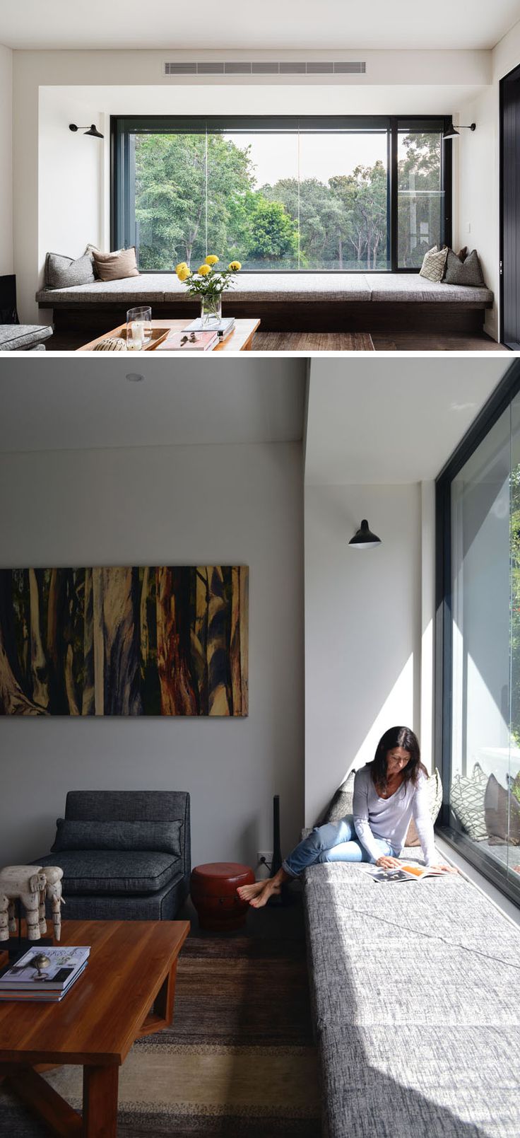 two pictures of a woman sitting on the floor in front of a couch and window