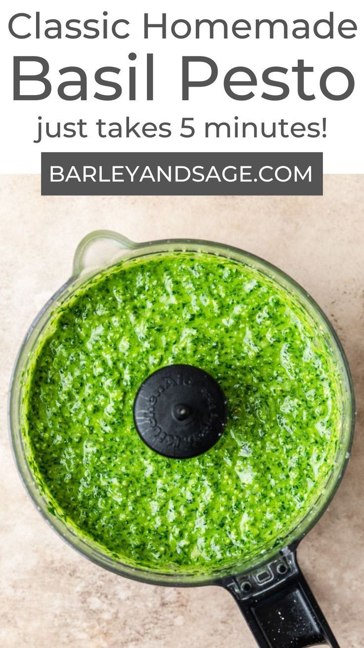 basil pest in a food processor with text that reads classic homemade basil pest just takes 5 minutes