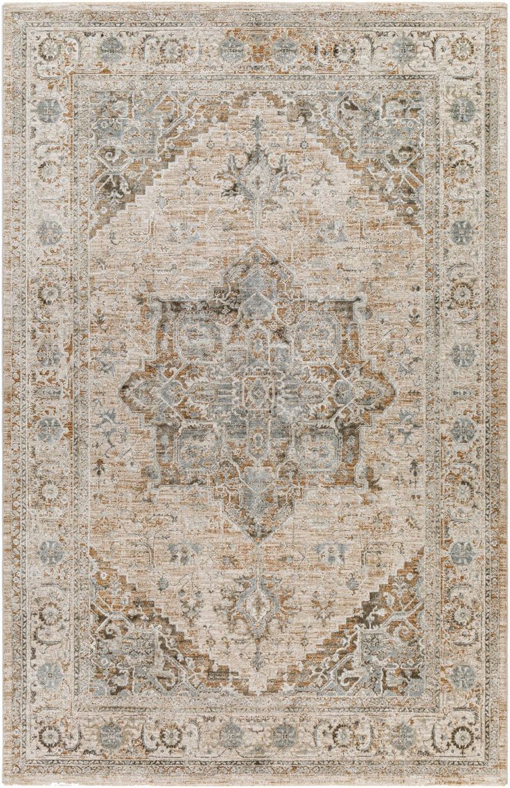 an antique style rug with many different colors and patterns on the carpet, including brown, beige