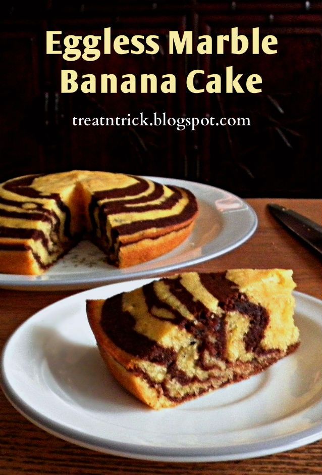 an eggless marble banana cake on a white plate with a slice cut out and ready to be eaten