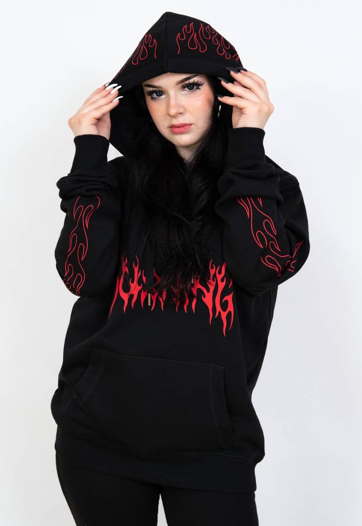 "Black hoodie with a red \"BURNING\" print on front and flames on hood and sleeves. The model is 167 cm tall and wears size XL. JOIN US ON INSTAGRAM 🌹 http://instagram.com/blvck.pl 🏷 PRODUCT DETAILS 🏷 Hand-printed Unisex 80% High-quality Cotton 20% Polyester Made in Poland 📏 SIZING & FIT 📏 All our sweatshirts and T-shirts are unisex. Measurements (width/length) S - 54/67 cm (21\"/26\") M - 57/69 cm (22.5\"/27\") L - 60/71 cm (23.5\"/28\") XL - 63/73 cm (25\"/29\") XXL - 65/76 cm (25\"/3 Halloween Streetwear Hoodie, Black Hoodie For Alternative Fashion, Black Hooded Grunge Sweatshirt, Halloween Grunge Streetwear Hoodie, Black Grunge Hoodie For Alternative Fashion, Black Hip Hop Hoodie For Alternative Fashion, Black Grunge Hoodie, Black Hip Hop Hoodie For Casual Wear, Hip Hop Hooded Halloween Hoodie